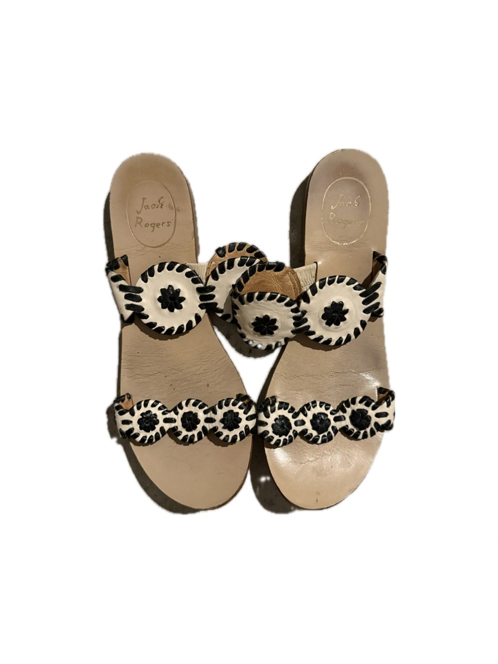 Jack Rogers Beige and Black Whipstitch Slide Sandals
